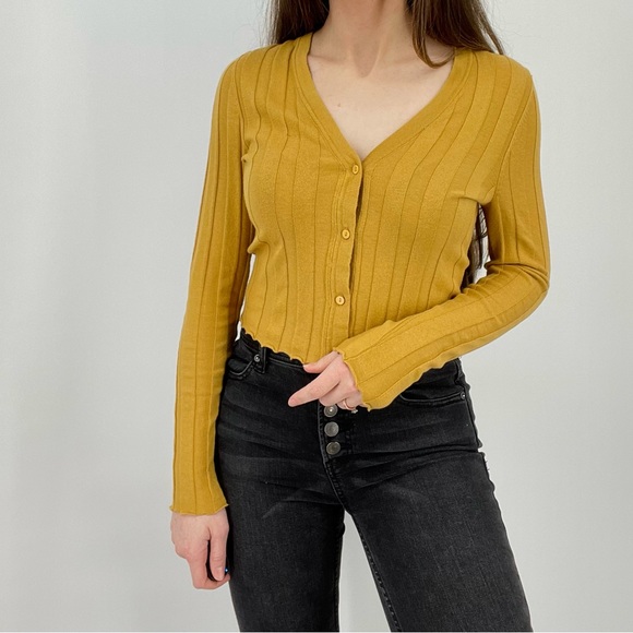 Anthropologie Cashmere Blend Ribbed Button Down Cardigan Top in Mustard Size S - Picture 1 of 6